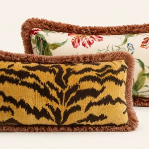 NOBILIS Tiger lumbar cushion backed in COLEFAX & FOWLER Delft Tulips